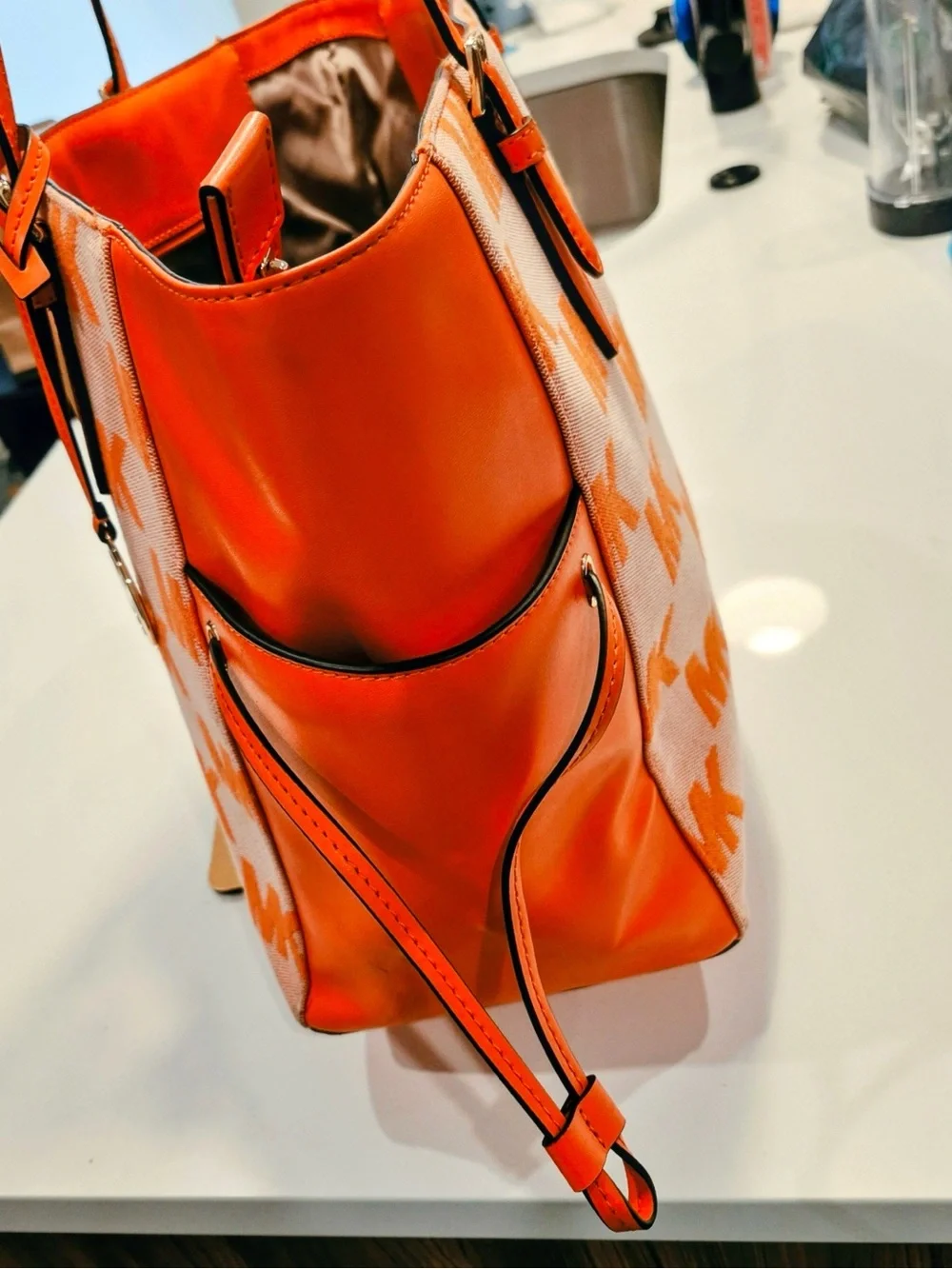MICHAEL KORS Orange MK Logo Canvas Tote with Leather Trim